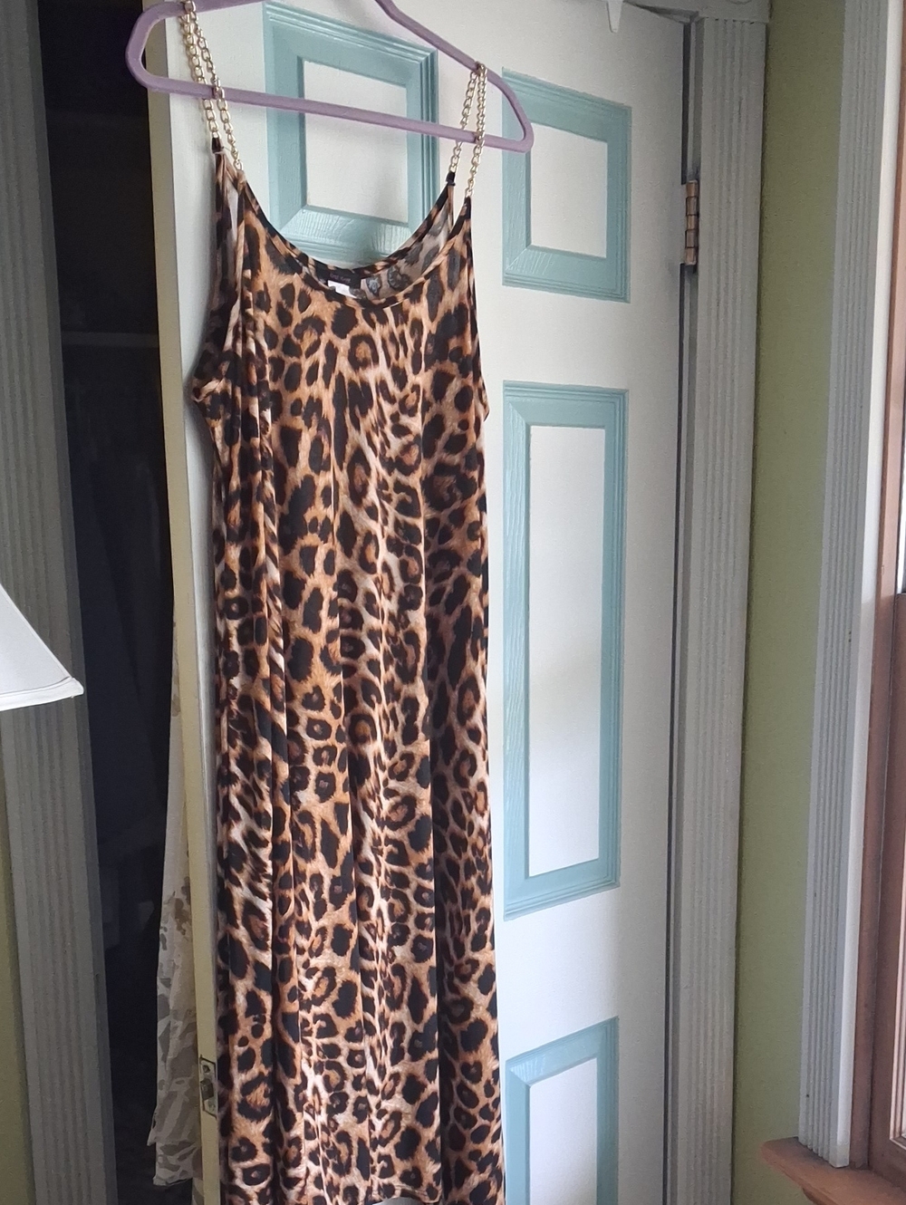 First Love Leopard-Print Midi Slip Dress with Gold Chain Straps